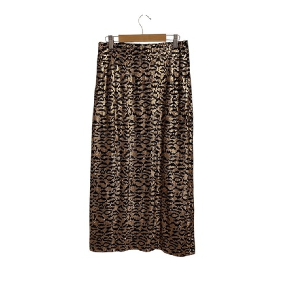 Zara Knit Leopard Sequin Midi Skirt Gold Black Animal Print High Waist Small